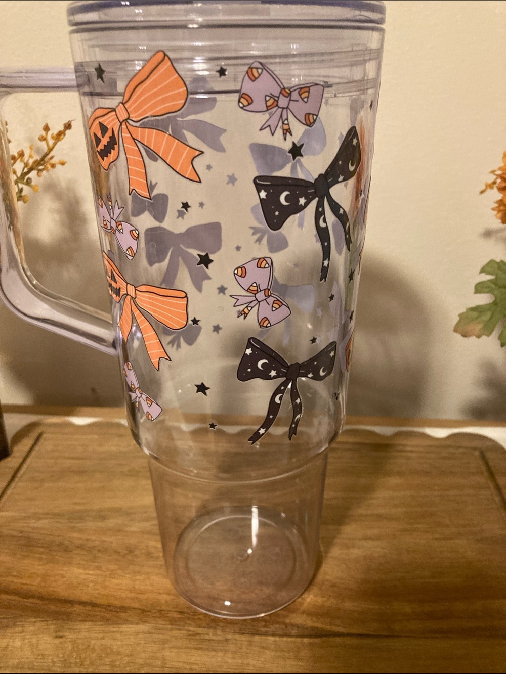 Clear Halloween Bow Travel Tumbler with Handle - Orange & Black